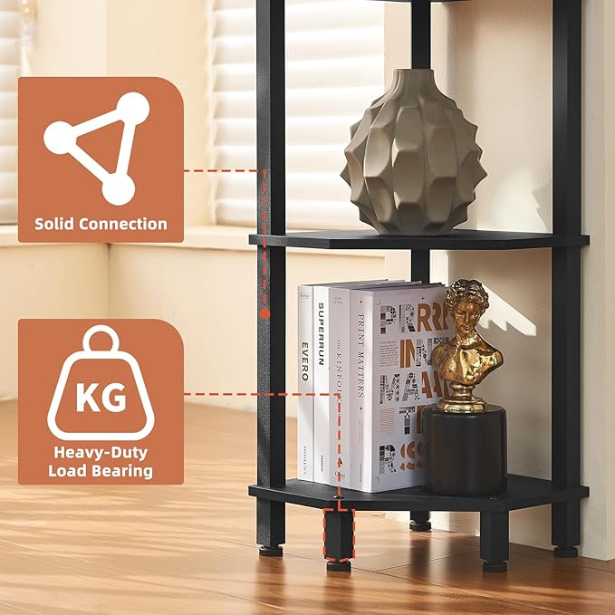 YUFAM 3-Tier Corner Shelf with Sturdy 5-Leg Base, Wooden Corner Bookshelf for Small Spaces, Small Corner Table for Living Room, Bedroom, Office, Black