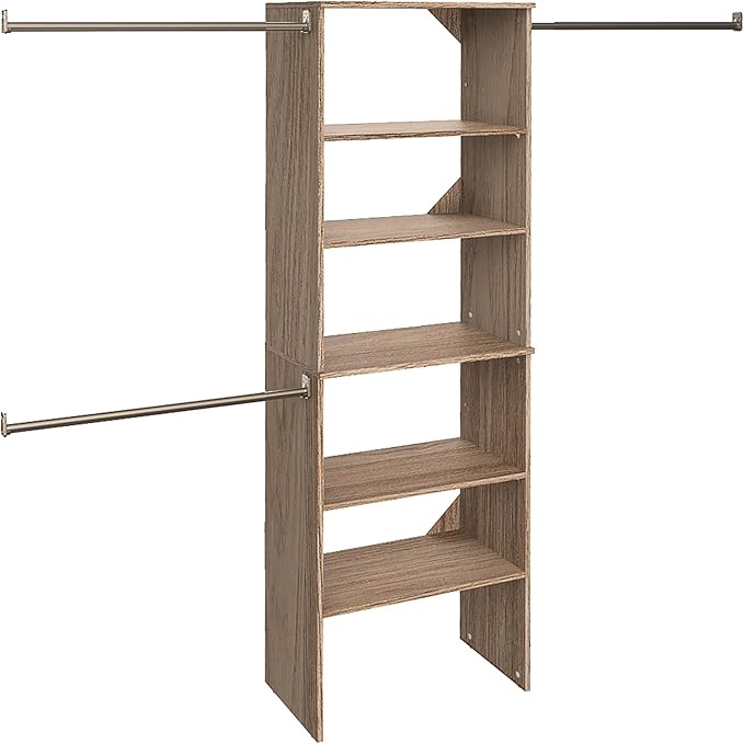 ClosetMaid SuiteSymphony Wood Closet Organizer Starter Kit with Tower and 3 Hang Rods, Shelves, Adjustable, Fits Spaces 5 – 10 ft. Wide, Natural Gray