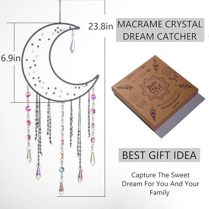 Artilady Dream Catchers with Crystals - Large Grey Boho Moon Dream Catcher Wall Decor House Decorations for Home Girls Kids Baby Bedroom Room Decor Christmas Birthday Teen Girl Boys Gifts