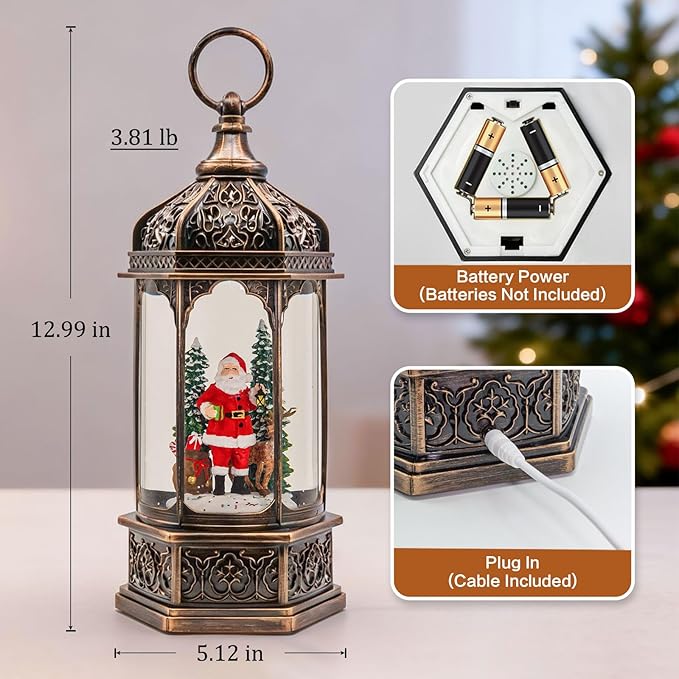 Large Snow Globe,Santa Claus Christmas Decorations Lantern,Musical Reindeer Snow Globes, 6-Hour Timer Battery & USB-Powered， for Kids, Women, Adults, Gift, Home Decor