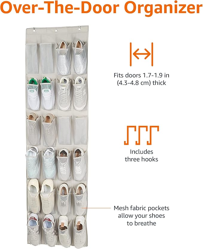 Amazon Basics 24 Medium Mesh Pocket Over-the-Door Hanging Shoe Organizer, Space Saving Shoe Storage, Light Grey | Over-the-Door, 24