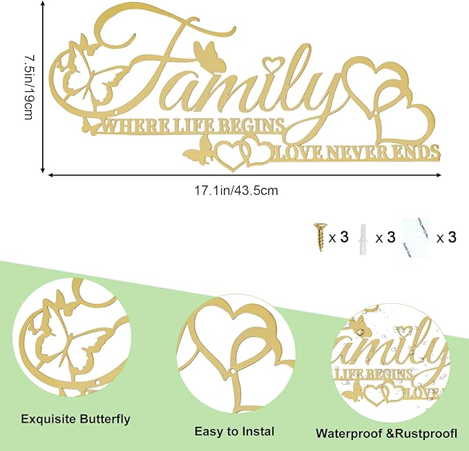 Family Metal Word Sign Wall Art Decor, Where Life Begins Love Never Ends Heart Butterflies Wall Hanging Sculpture, Golden Iron Letters Quotes Home Decor for Living Room Kitchen (Golden)