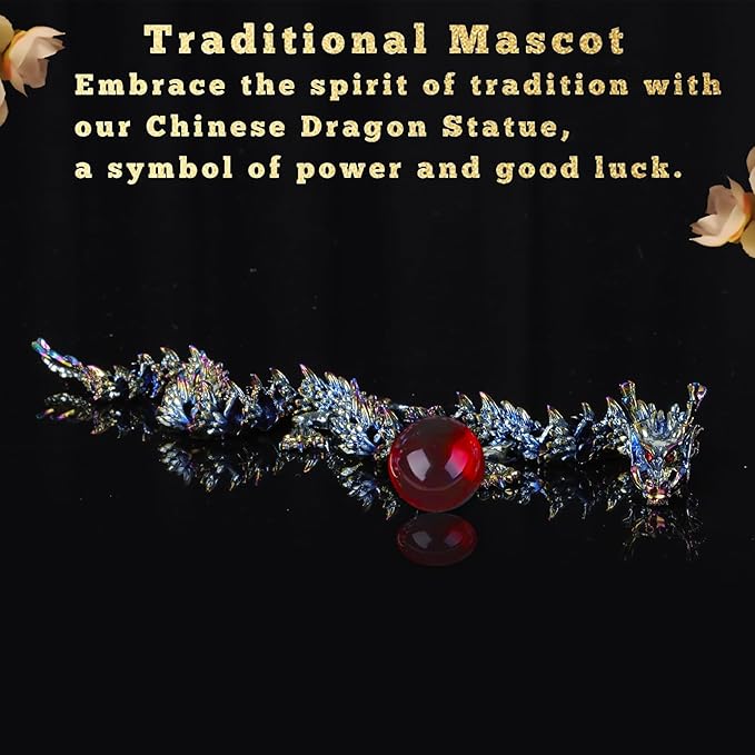 LIYAOLI Large Metal 3D Printed Articulated Chinese Dragon Figurine Statue Bookshelf Decor 15 Inch Three Color Flexible Joints Luck Dragon for Home Office Desk Decoration,with Red Gemstone Bead