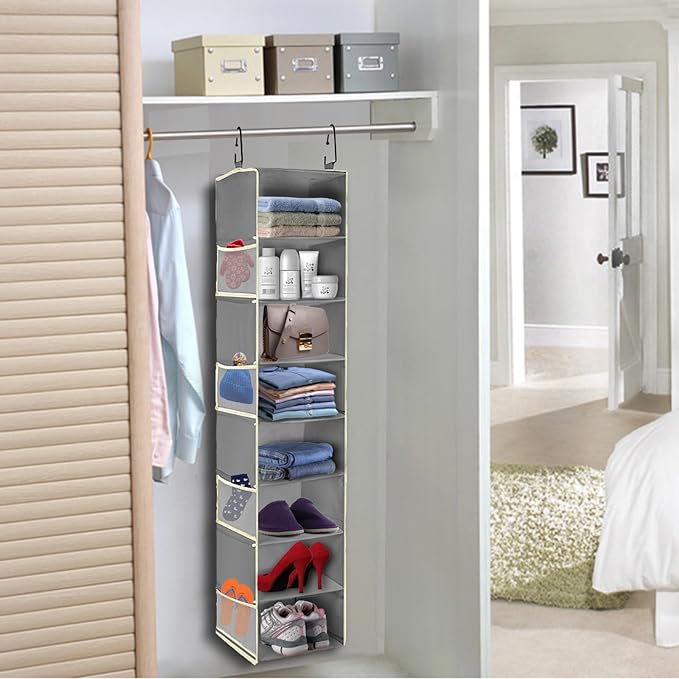 Large-Sized Hanging Shoe Organizer 8-Shelf, Hanging Closet Organizer with 8 Side Pockets, Wider Hanging Shelves for Storage Shoes Clothes 9" W × 11.8" D× 48" H, Grey