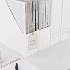BLU MONACO Set of 6 Foldable White Magazine File Holders | Vertical Desk File Organizer Boxes With Leather Label Holders | Stylish Cardboard Magazine Storage for Shelves, Workspace and Home Office