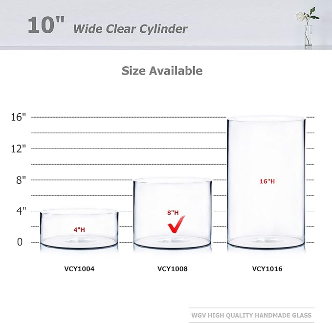 WGV Cylinder Vase, Width 10", Height 8", Clear Wide Large Diameter Flower Glassware, Floral Container, Planter Terrarium for Wedding Party Event, Home Accent Decor, 1 Piece