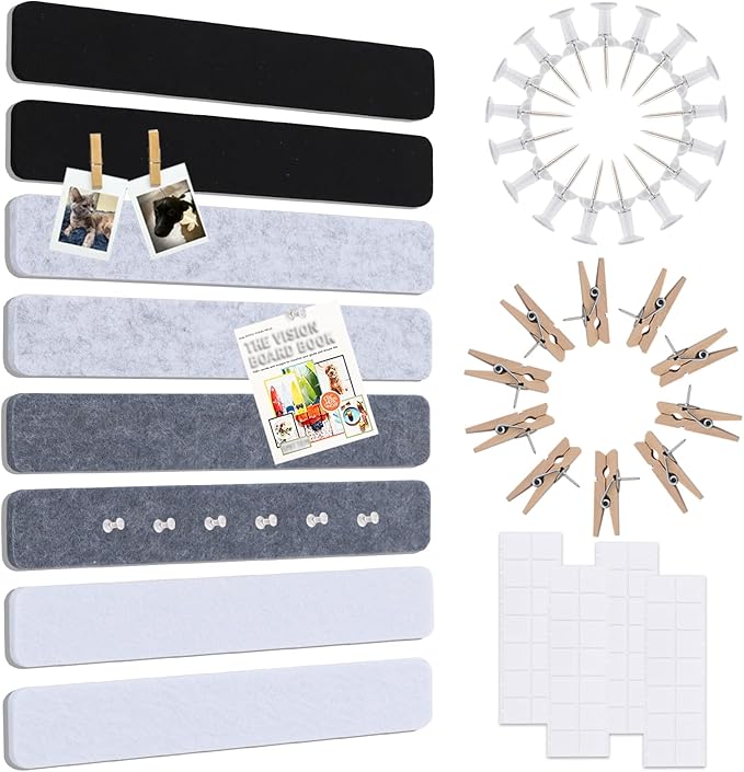 Vuzvuv 8 pcs Bulletin Board Bar Strips No Adhesive Backing with Glue Points ，Self Adhesive Cork Board for Wall，Felt Pin Board for School，Office Decor(Black White Grey)