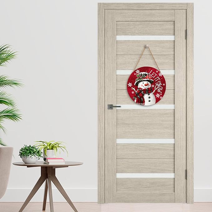 Christmas Snowman Front Door Sign Snowflake Wood Door Hanger for Outdoor Outside Porch Winter Cardinal Birds Decoration Welcome Sign Farmhouse Round Wall Hanging Xmas Wreath Decor for Home 12"x12"
