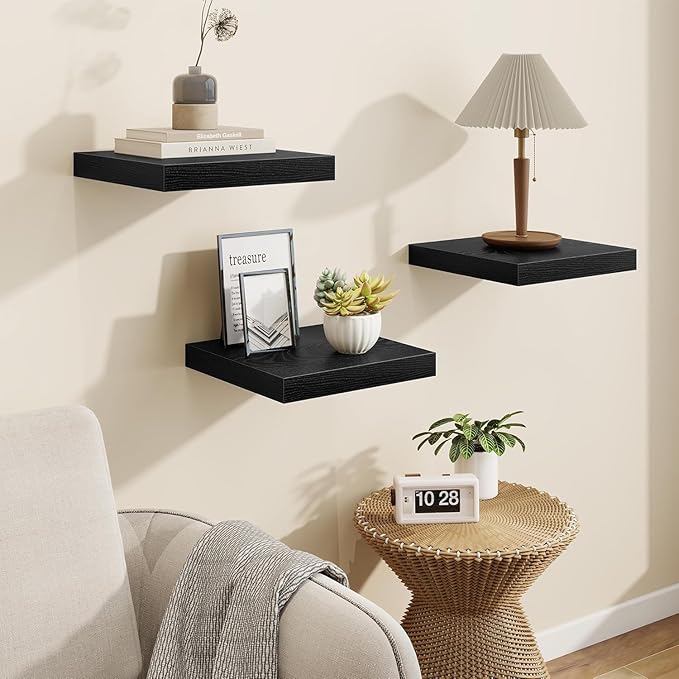 Vivelove 2" Thick Floating Shelves for Wall 12 Inches Long, 12" Deep Wall Shelves, for Bedroom, Bathroom, Living Room, Kitchen, Office, Modern Home Decor, 12" X 12" X 2", Set of 2, Black