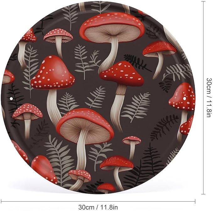 Wall Picture, with Red Mushrooms Printed Circular Iron Hanging Picture,Wall Art Decor,Home for Bedroom Living Room Bathroom Decor,Iron Painting 11.8X11.8 in