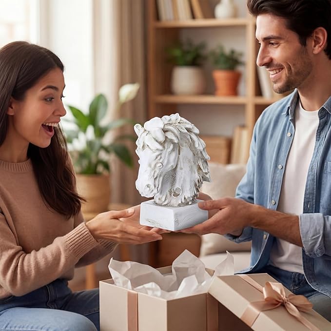 SiliFine Horsehead Resin Sculpture Beige Wood-Look Horses Head Decorative Statue Farmhouse Tabletop Resin Home Decor Statue Accent for Mantel, Entryway, Foyer & Living Room