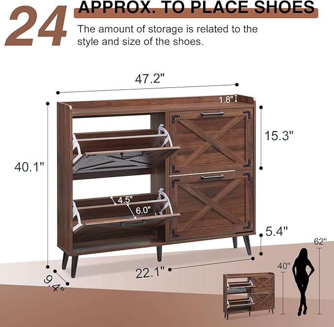 Shoe Storage Cabinet,Farmhouse Shoe Organizer with 4 Flip Drawers & Barn Door Design,Hidden Slim Narrow Shoe Rack Cabinet for Entryway,Foyer,Hallway,Walnut