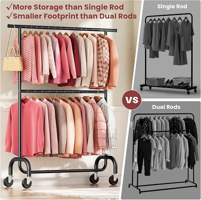 Heavy Duty Clothes Rack Load 600 LBS, Rolling Clothing Rack for Hanging Clothes with Lockable Wheels, Double Rod Garment Rack for Bedroom, Laundry, Clothing Store, Black