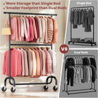 Heavy Duty Clothes Rack Load 600 LBS, Rolling Clothing Rack for Hanging Clothes with Lockable Wheels, Double Rod Garment Rack for Bedroom, Laundry, Clothing Store, Black
