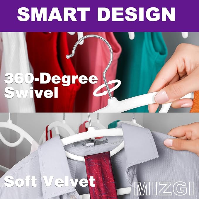 MIZGI Premium Velvet Hangers 50-Pack,No Shoulder Bump Hangers W/Tie Bar Ultra Thin Space Saving Non Slip Hanger Heavy Duty Felt Rounded Clothes Hanger for Sweaters,Coat,Jackets,Pants,Shirts