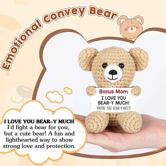 WELLBANEE Mother Gift Bonus Mom, Handmade Crochet Bear for Sentimental Mothers Day Birthday Present for Stepmom, Appreciation Keepsake for The Best Bonus Mom Ever, Small Desk or Shelf Décor Bear