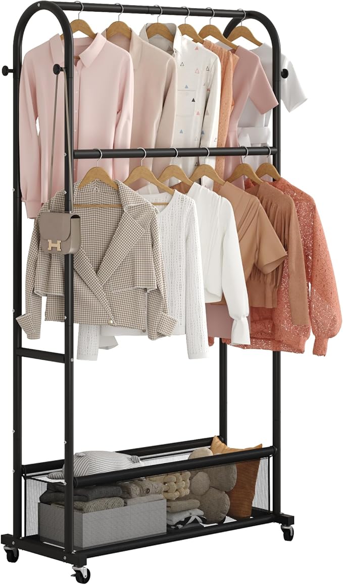 MOYIPIN Double Rods Clothing Rack with Wheels,Clothing Organizer for Hanging Clothes Coat Scarves Bags,Multi-functional Bedroom Garment Rack,4 Hooks,Black
