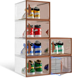 X-Large Stackable Shoe Boxes - Clear Plastic Shoe Storage Boxes with Magnetic Door, Thicken Shoe Organizer for Closet, Space Saving Foldable Shoe Containers Bins for Sneaker Boot - 6 Pack(Brown)