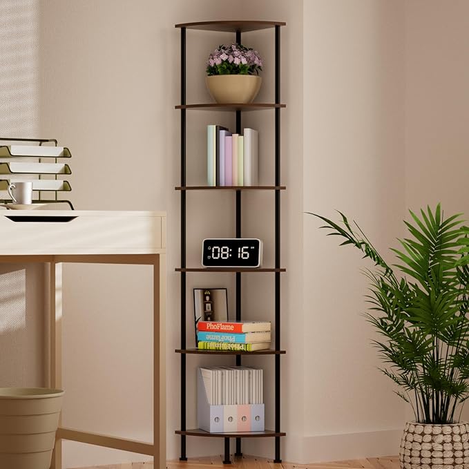 6-Tier Corner Shelf Stand, 65" Industrial Corner Display Rack for Living Room, Bookshelf, Tall Display Shelf, Plant Stand, Storage Standing Shelf for Bedroom, Bathroom, Kitchen, Brown