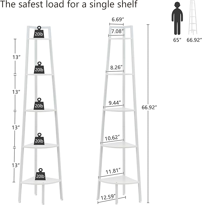 Hoctieon Corner Shelf, 5-Tier Corner Bookshelf, Rustic Ladder Shelf, Industrial Display Stand for Living Room, Kitchen, Home Office, Balcony, Small Space, Metal Frame, White