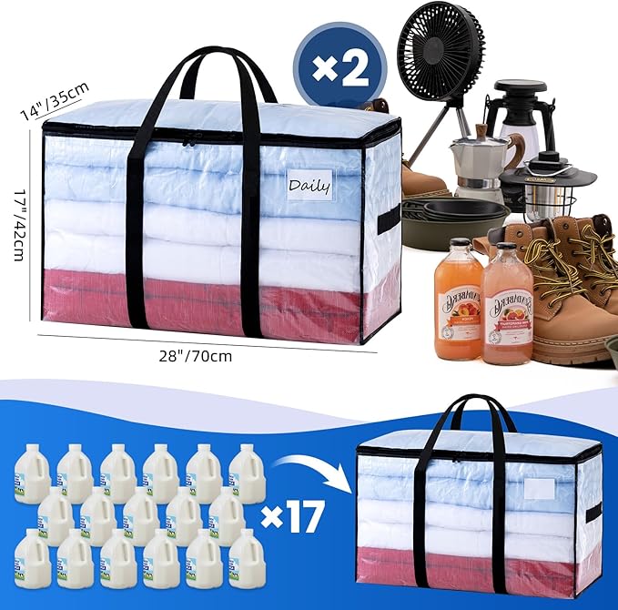 TAILI Extra Large Moving Bags, 2 Pack Clear Heavy Duty Totes For Storage with Visible Window, Wrap Around Handles, Storage Bags for Space Saving, Alternative to Moving Boxes