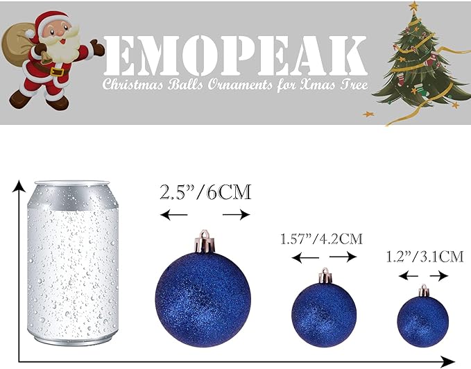 Emopeak 24Pcs Christmas Balls Ornaments for Xmas Christmas Tree - 4 Style Shatterproof Christmas Tree Decorations Hanging Ball for Holiday Wedding Party Decoration (Navy Blue, 1.6"/4.2CM)