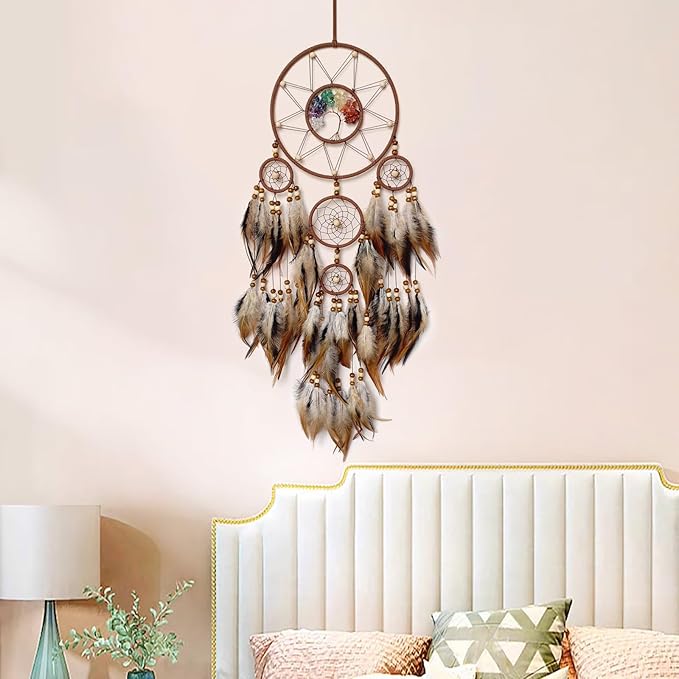 Brown Large Dream Catcher Wall Decor Crystal Tree of Life Dream Catchers Handmade Feather Dreamcatcher Wall Hanging Ornament for Bedroom Living Room Home Decor