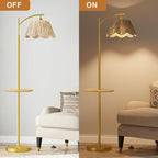 Oneach Floor Lamp with Table for Bedroom, Boho Standing Lamps with Foot Switch, Farmhouse Floor Lamp for Living Room, Arc Rattan Lamps with Gold Metal Base & Pole, Ideal for Home Décor