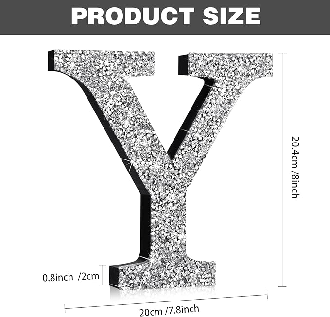 Qunclay 8'' Silver Crystal Diamond Bling Letters Crushed Diamond Decoration Wooden Glitter Letter with Screw and Hooks Rhinestone Gift for Wedding Y2k Mcbling Bedroom Wall Decor (Letter Y)