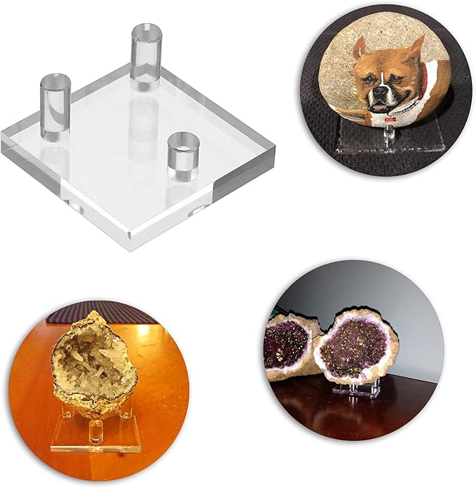 Hipiwe Clear Acrylic Display Stand - Three-Peg Display Easel Stands for Fossil Coral Geodes Rock Mineral Agate Small Collectibles, Set of 4