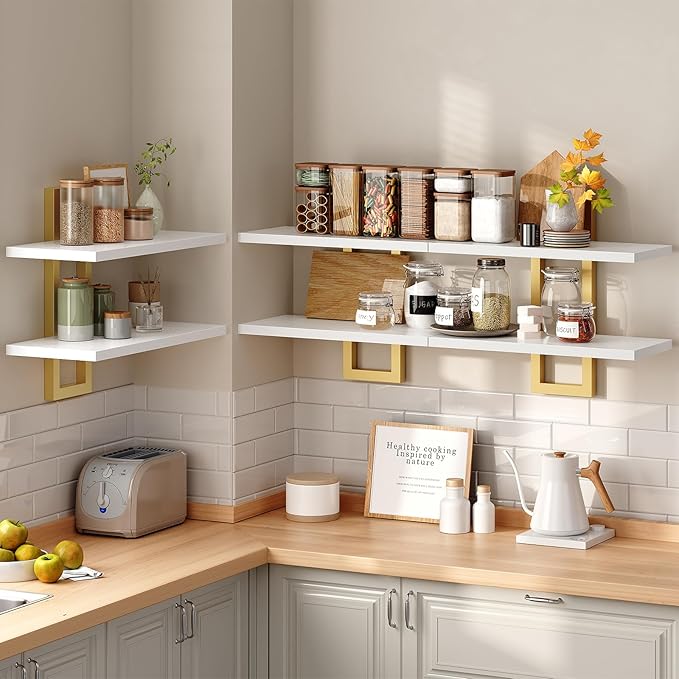 HOOBRO Floating Shelves, 15 Inch Wall Shelf Set of 3, Wall Mounted Storage Shelves 2-Tier, Hanging Bathroom Shelves, for Living Room, Bedroom, Bathroom, Kitchen, White and Gold DW32BJP301