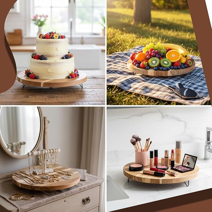 12 Inch Decorative Round Wood Riser for Display, Acacia Wood Pedestal Tray, Farmhouse Kitchen Decor Tray, Wooden Pedestal Stand for Home Decor, Kitchen Counter, Bathroom Countertop