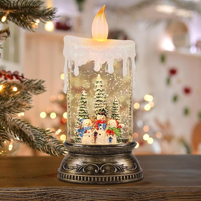 Wondise Rechargeable Musical Snow Globe Lantern with 6H Timer, Battery Operated USB Powered Lighted Snow Globe Lamp Spinning Water Swirling Glitters Holiday Decor Snowman Famliy