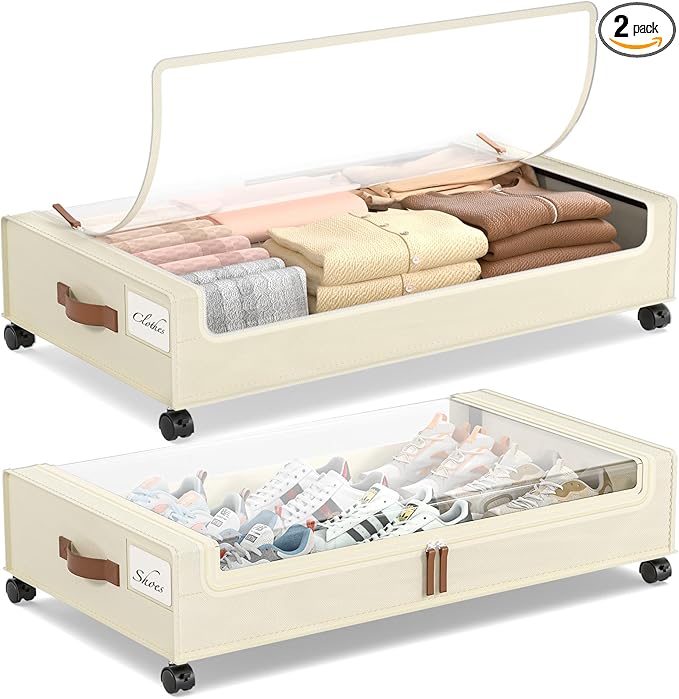 Yecaye Under Bed Storage with Wheels, 2 Pack Under Bed Storage Containers, 60L Underbed Shoe Storage with Clear Window & Label, Rolling Under Bed Metal Drawer for Clothes, Shoes, Books, Blankets