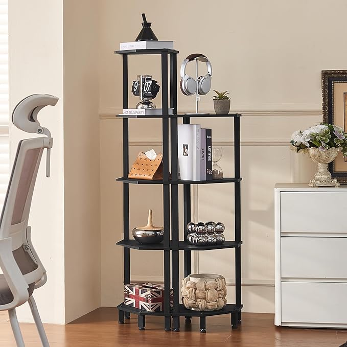 YUFAM 5-Tier Corner Shelf with Sturdy 5-Leg Base, Wooden Corner Bookshelf for Small Spaces, Corner Standing Shelf for Living Room, Bedroom, Office, Black