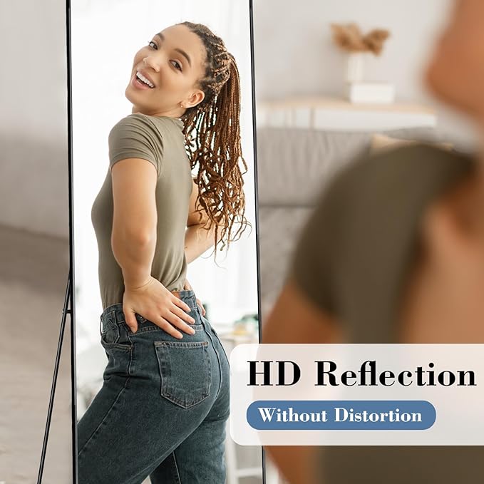 DUMOS 56"x15" Full Length Mirror, Full Body Mirror with Aluminum Alloy Thin Frame, Standing Mirrors with Leaning or Hanging, Suitable for Bedroom, Livingroom, Cloakroom, Black