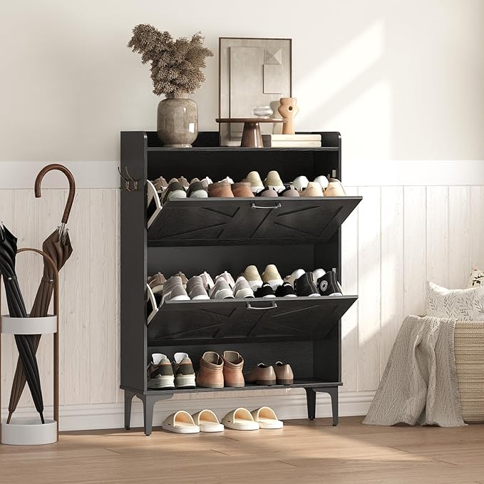 Shoe Storage Cabinet, Shoe Organizer with 2 Flip Drawers, Hidden Shoe Storage for Entryway, Freestanding Shoe Cabinet Organizer with Open Storages, Black SHHB9401