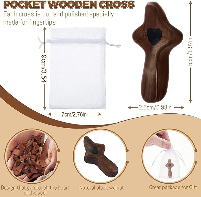 zyphonic Pocket Wooden Cross, Black Walnut with Heart Design, Religious Comfort Gift with Organza Bags Christian Encouragement Gift Handheld Stress Relief (5)
