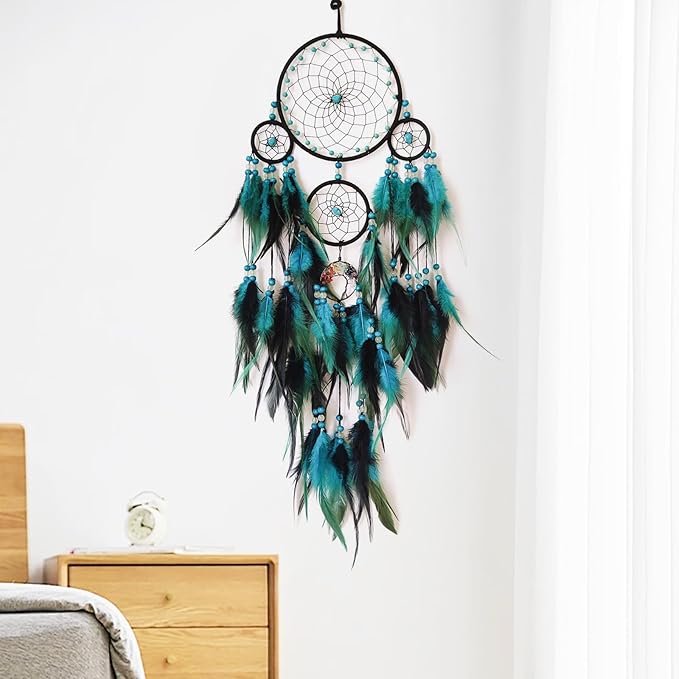 Blue and Black Dream Catcher with Crystal Tree of Life Large Dream Catchers Wall Decor Handmade Feather Dreamcatcher Wall Hanging Ornament for Bedroom Living Room Home Decor