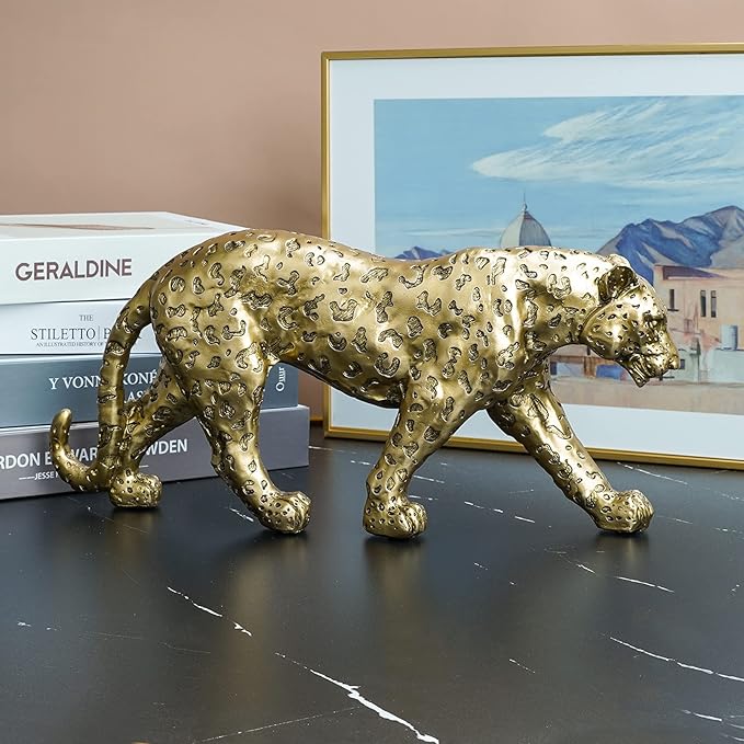 Cheetah Statue Home Decor Leopard Sculpture Resin Sitting Cheetah Figurine Desktop Table Top Ornament Decoration for Home Office-Gold Or Silver (Walking-Champagne Gold)