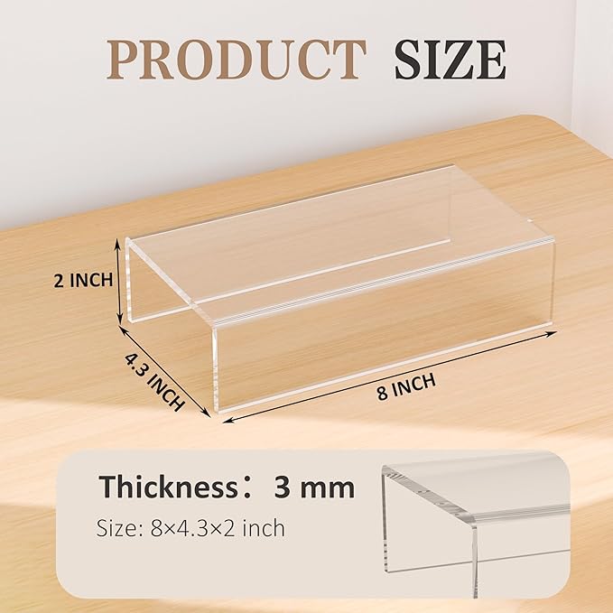 Sezanrpt Acrylic Shelf Riser 8x4.3x2 pack of 2, Clear Display Shelf 8” for Shoes, Glasses, Plants, Home Decors, Perfume, 8x4.3x2 Inch