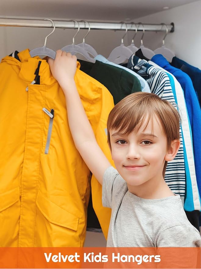HOUSE DAY 14 Inch Kids Velvet Hangers 50 Pack, Durable Big Kid Hangers for Youth, Teen, Non Slip Kids Felt Hanger, Cute Childrens Hanger for Closet, Grey