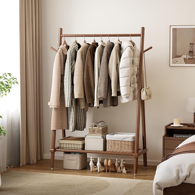Solid Wood Clothing Rack, Rolling Clothes Rack for Hanging Clothes, Garment Rack with Shelves Load 350 Lbs, Portable Closet Organizer on Wheels for Hanging Clothes (Walnut)