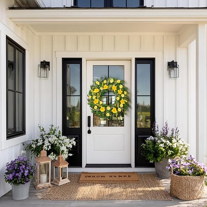 22 Inch Spring Summer Wreaths for Front Door, Artificial Flowers Wreath with Yellow Floral Green Leaves Berries and Grain Spikes, Farmhouse Wreath for Front Porch Wall Indoor Outdoor Home Decor