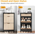 2 Flip Drawers Shoe Cabinet Storage for Entryway, Narrow Shoes Organizer Cabinet for Front Door Entrance, Free Standing Hidden Wooden Hallway Shoe Rack(Oak&Black)