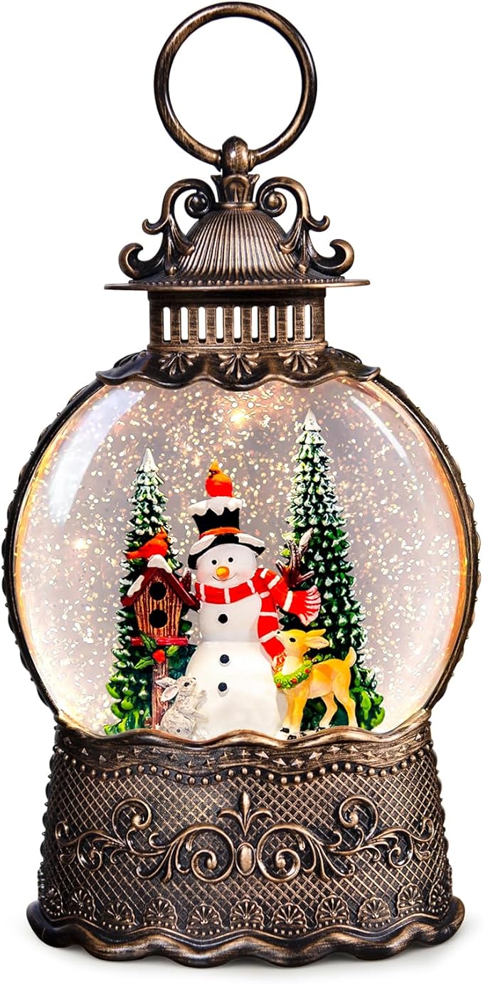 Christmas Snow Globes Lantern with Music, Snowman Snow Globes with Swirling Glitter Effects, USB/Battery Powered with 6-Hour Timer, Christmas Decorations