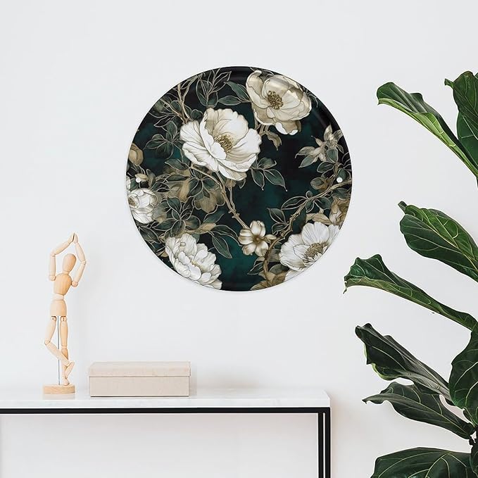 Wall Picture, with White Flowers Printed Circular Iron Hanging Picture,Wall Art Decor,Home for Bedroom Living Room Bathroom Decor,Iron Painting 11.8X11.8 in