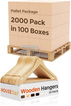 HOUSE DAY Bulk Wooden Hangers 2000 Pack（100 Cases, 20 Pack/Case）, Solid Wood Hanger with Non Slip Pant Bar, Heavy Duty Wooden Coat Hanger for Closet, Smooth Wood Clothes Hangers for Shirts, Natural