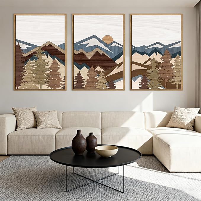 BINCUE Large Boho Mountain Wall Art Framed Mountains Wall Paintings Set of 3 Forest Mountain Sun Wall Decor Boho Landscape Artwork Rustic Mountains Art Prints for Living Room Bedroom Office Farmhouse 24x36 Inch Gift