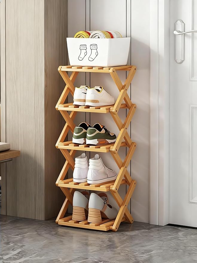 The 9-Tier No-Assembly Bamboo Rack, New Upgrade 9 Tier Bamboo Shoe Rack, Space-Saving Tall Narrow Accordion Shoe Rack for Entryway Closet Dorm (Natural-5)
